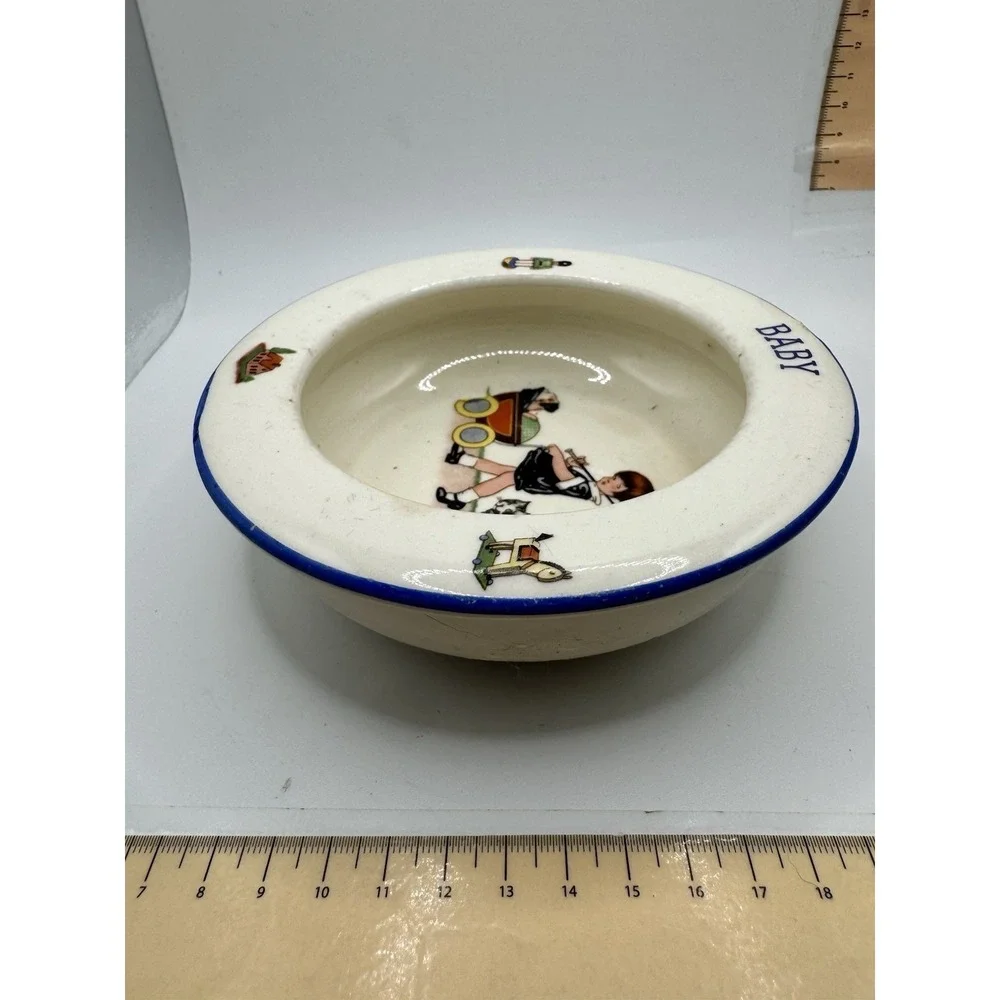Antique Czecho-Slovakia Ceramic Baby Bowl 1920s Girl with Pram Dog Blue Trim 6in